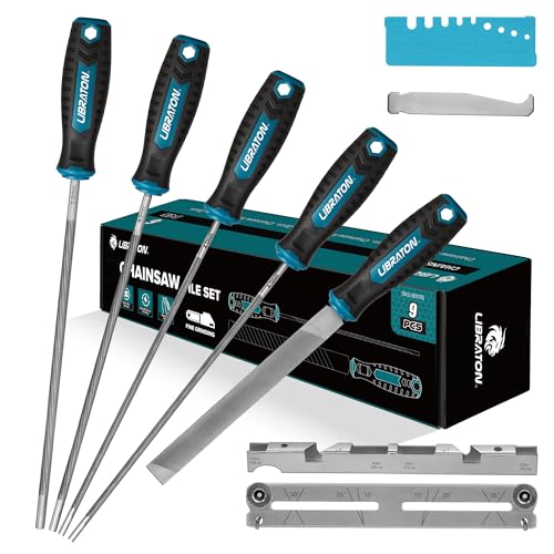 Libraton 9-Piece Chainsaw File, 4.0/4.8/5.5 mm Chainsaws Sharpening | Round file chainsaw, 153 mm flat file, depth gauge, sharpening guide, rail groove cleaner, bag, for chainsaws Pack of 9