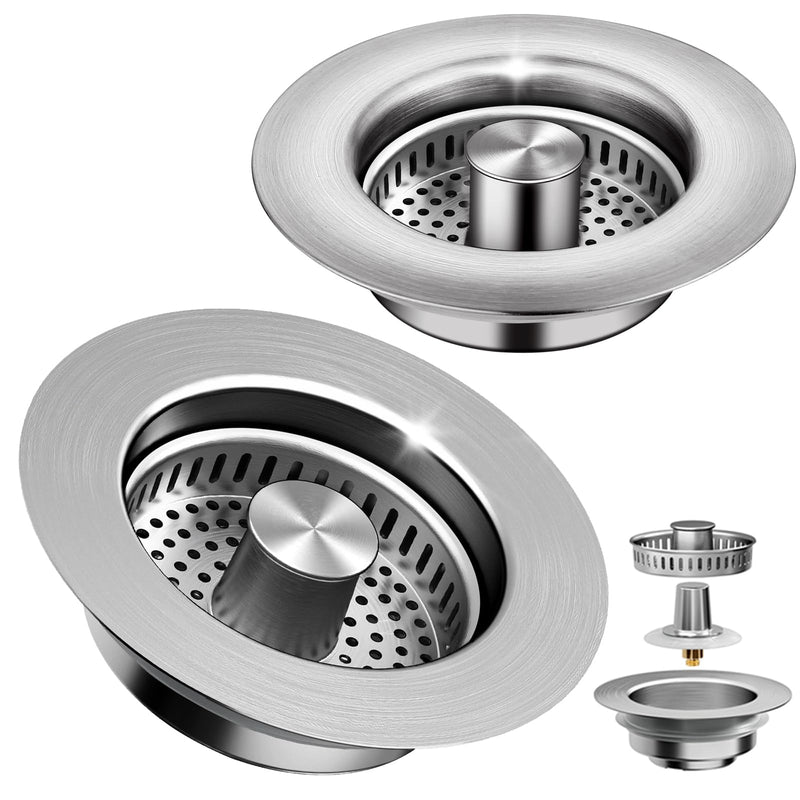 3-in-1 Kitchen Sink Drain Strainer & Sink Stopper 2 Pack - 304 Stainless Steel Sink Drain Strainer, Pop-Up Anti-Clog Design, Fits Standard 3-1/2'' Sink Drains Sus304 Brushed 2pack