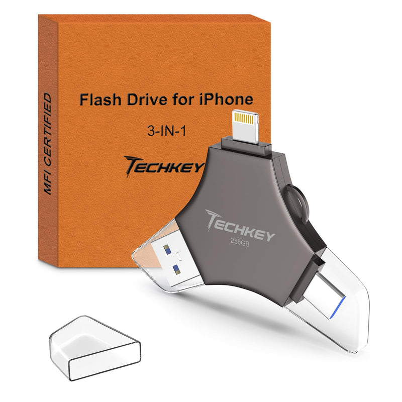 MFi Certified USB 3.0 Flash Drive 256GB for iPhone, 3in1 External Memory Photo Keeper Storage Stick for Picture/Video/Data Saver/Backup, High Speed Thumb/Jump/Hard Drives for iPad/Android/PC (Black) 256 GB Black