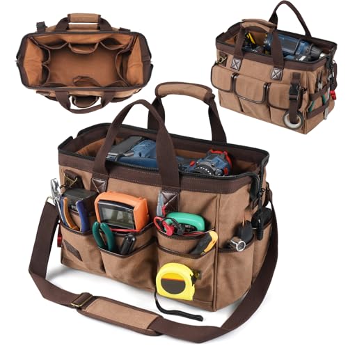 ARCFOX 14 Inch Portable Electrician Tool Bag 21 Pockets - Heavy Duty 16OZ Canvas Tool Bags Organizer with Wide Mouth & Adjustable Shoulder Strap for HVAC, Mechanics, Maintenance, UTV-Effortless Carry Household 14'' Washed Brown