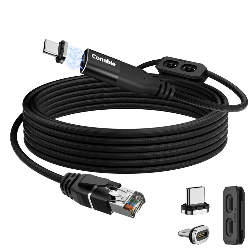Magnetic USB C to Ethernet Cable 15FT, USB Type-C to RJ45 Braided Cable, Gigabit, Directly Connected, Compatible with MacBook, iPad Pro, XPS, Surface Pro, Laptop, PC with 2 USB-C Plugs and 1 Holder