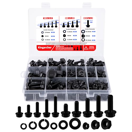 Kingarcher 320 Pcs Metric Nuts and Bolts Assortment Kit, Grade 10.9 Black Flange Hex Bolts M6x1.0 M8x1.25 M10x1.5 (12-30mm), Alloy Steel Hex Nuts Flat Spring Lock Washers, Storage Case, Automotive Flange Bolt & Nut Set G10.9 – 320 PCS