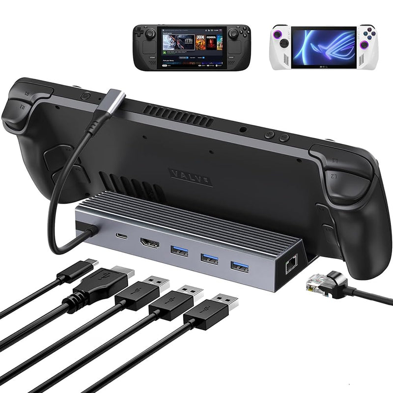 Steam Deck Docking Station Compatible with Steam Deck/ROG Ally/Legion Go (Excluding Rog Ally X) 6-in-1 USB-C Hub with HDMI 4K@60Hz, 1Gbps Ethernet, 3 USB3.0 100W PD Fast Charging