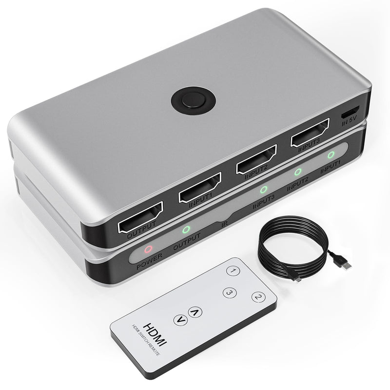 HDMI Switcher 3 in 1 Out, 3 Port HDMI-Splitter with IR Remote Switcher Selector Box Support 4K@60Hz, Plug and Play Compatible with PS 5/4/3 Xbox Switch Roku TV Fire Stick