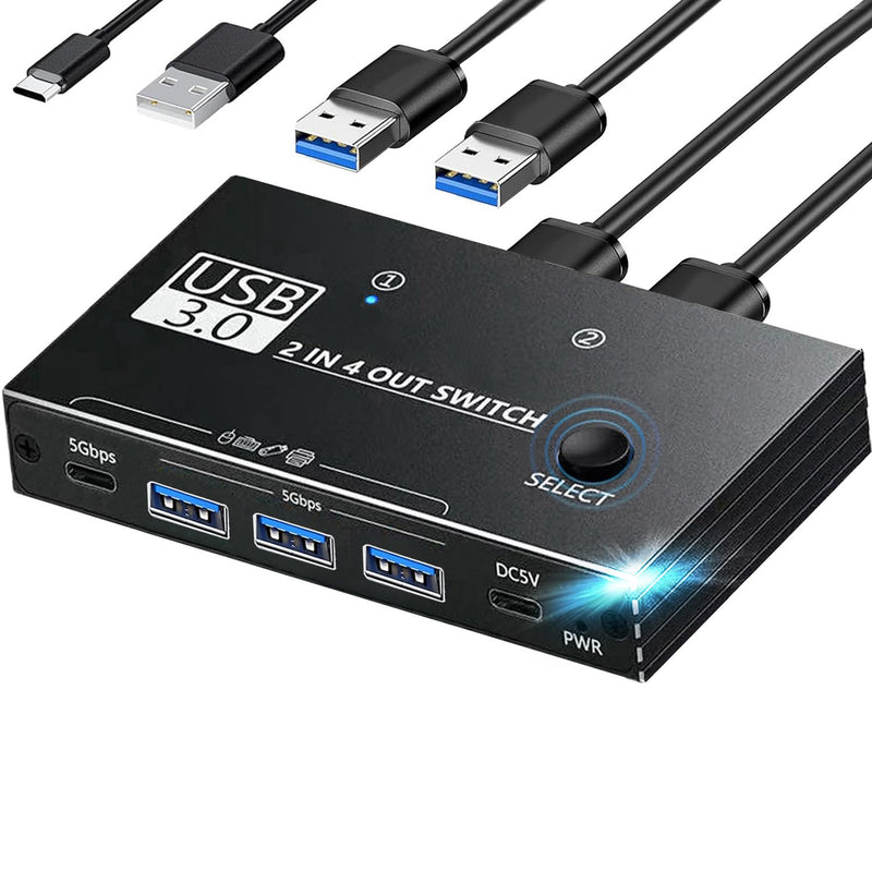 USB 3.0 Switch Selector,USB Switcher 2 Computers Sharing 3X Type A and 1x USB C Port Hub PC Mouse Keyboard Hard Drives Printer One Button Switch Adapter with Windows Mac Linux,3 Cable