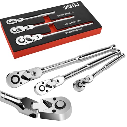 3-Piece Flex Head Ratchet Set，1/4 3/8 1/2 Inch Drive Swivel Head Ratchet Wrench，72-Tooth with Quick-Release Reversible Design, Chromium-Vanadium Steel Made, Fully Polished Silver 3pcs Flex Head Ratchet