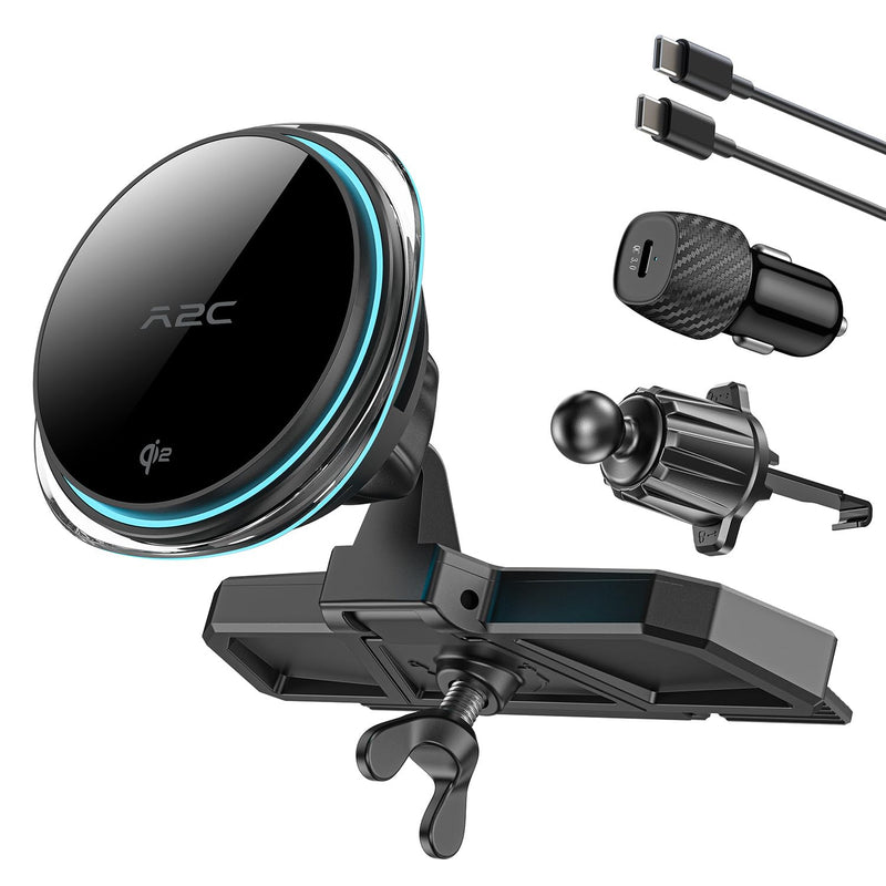 A2C Qi2 15W Wireless Car Charger CD Mount for MagSafe, Magnetic Wireless Charger for Car Air Vent | CD Slot with Semiconductor Cooling Chip, Fast Charging for iPhone 17 16 15 14 13 12, LED Indicator