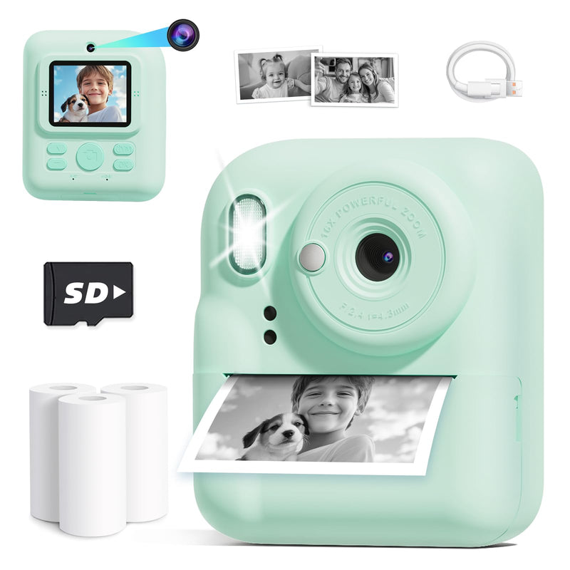 Seckton Kids Camera Instant Print, Upgrade Selfie Digital Camera for Kids, Christmas Birthday Gifts for Boys Girls Age 3-12, Toddler Portable Travel Toy with HD 1080P Video-Green Green