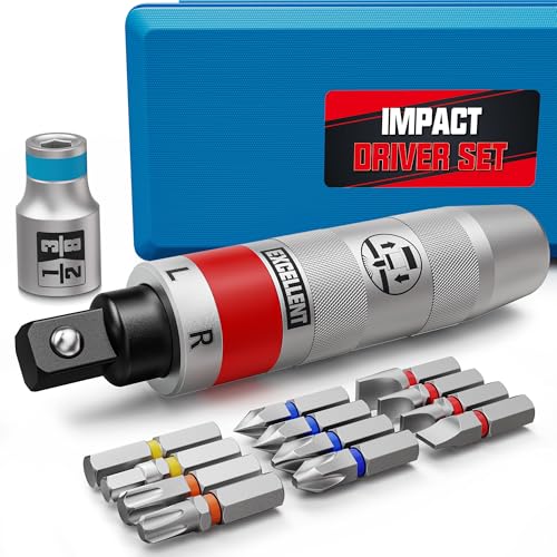 13 Piece 1/2" Drive Manual Impact Driver, Reversible Hand Impact Screwdriver Set with Slotted, Hex, Phillips Bit Kit, for Tighten and Rusted Fasteners or Frozen Bolts, with Storage Case 1/2"