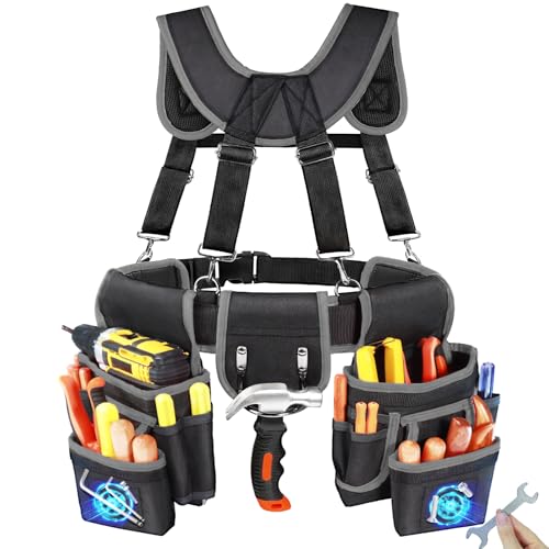 FamilyKit Tool Belt With Suspenders, Magnetic Heavy Duty Tool Belts for Men Black-grey