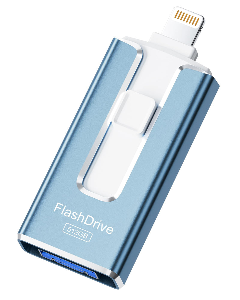 MFi Certified 512GB Flash Drive for iPhone iPad, Photo Stick for External Memory Storage, Easily Back Up and Save Files, USB Memory Stick Thumb Drive for iPhone/iPad/Android/PC (Blue, 512GB)