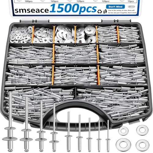 smseace 1500Pcs Pop Rivets with 304 Stainless Steel Washers Assortment Kit Packed in Handheld Box 14-Sizes (3/32" 1/8" 5/32" 3/16"1/4") Assorted Blind Rivets for Metal,Furniture,Automotive,Instrument Silver Aluminum 1500pcs 14-Sizes