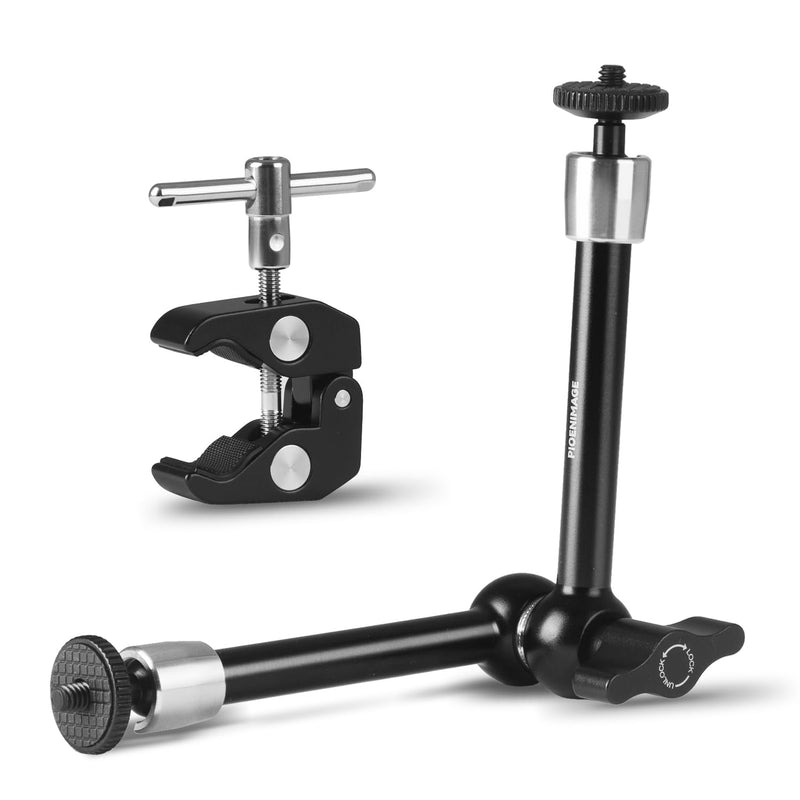 9.8" Adjustable Magic Arm with 1/4", Clamp with 1/4" and 3/8", Magic Arm Camera Mount for Photography, Video Recording, LCD Monitor, LED Lights, Microphone
