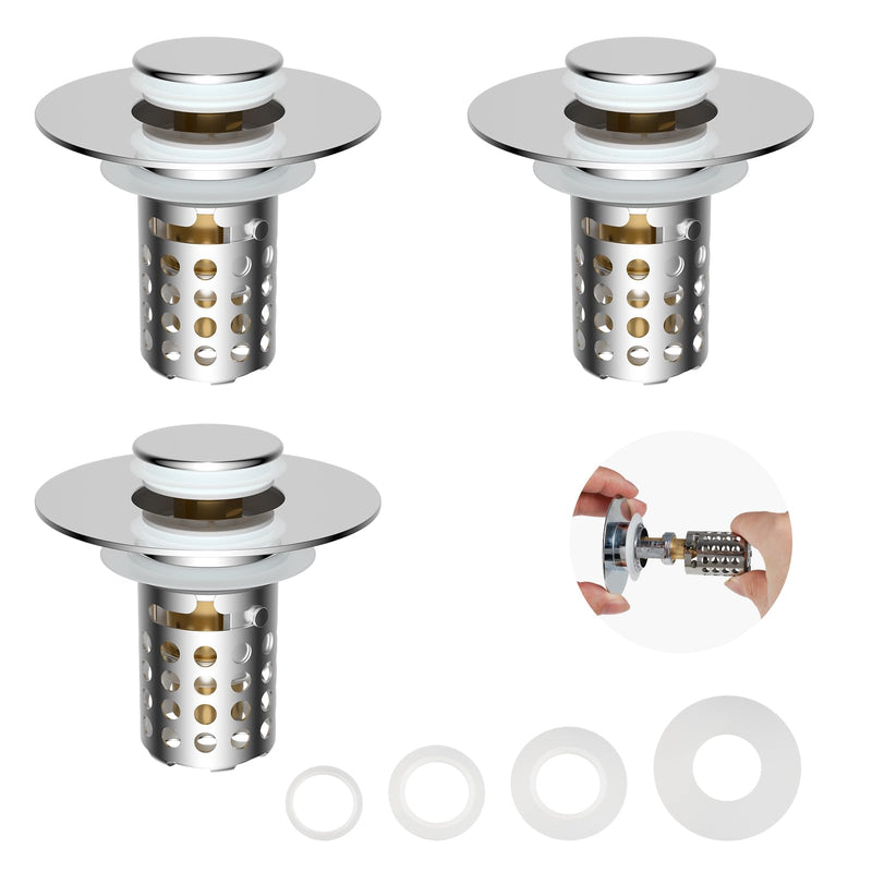 3PCS Universal Bathroom Sink Drain Strainer Hair Catcher, Chrome | Upgraded with Removable Stainless Steel Filter Basket, 3 in 1 Pop Up Sink Stopper for 1.1''~2.36'' Sink Basin Hole Chrome Finish