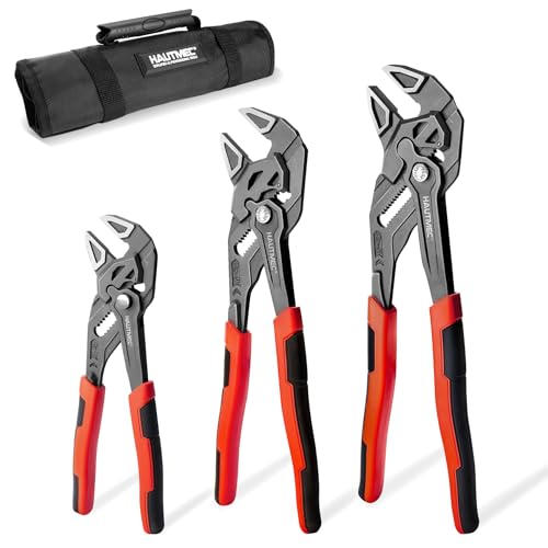 HAUTMEC 3PCS Adjustable Pliers Wrench Sets (7 10 12"), Smooth Jaw Parallel Pliers, Heat-Treated CR-V Steel & Phosphated Rust-Resistant, SAE/Metric Scale, Storage Belt Pouch for Professional & DIY 7&10&12 Inch