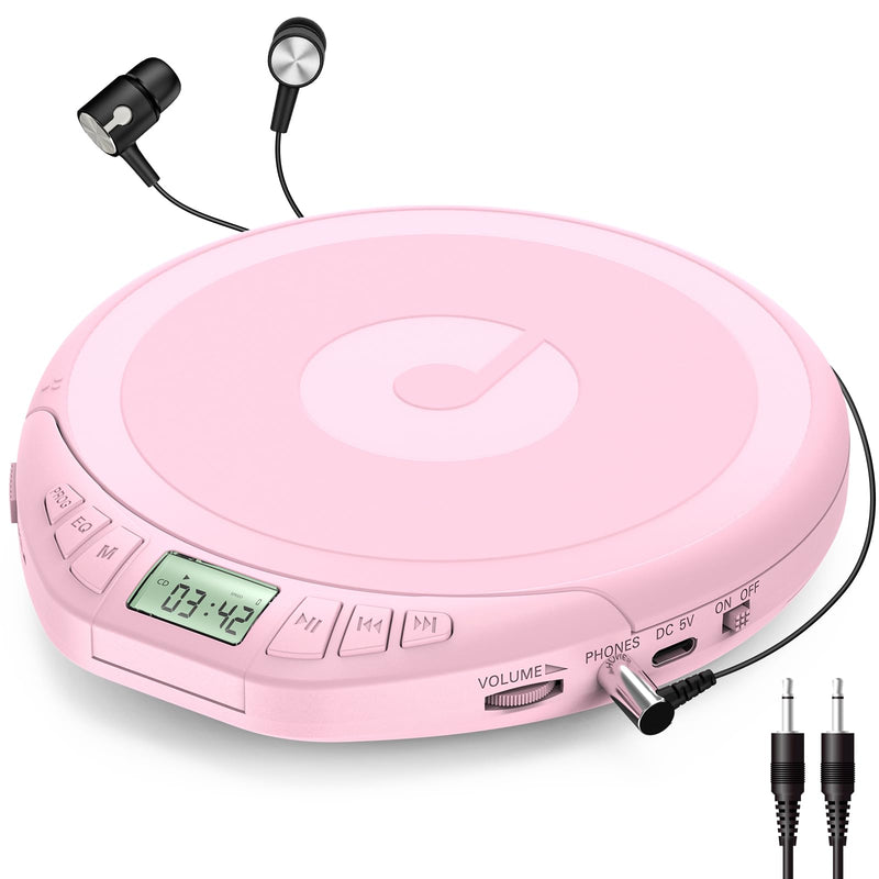 Gueray Portable CD Player with Earphones,CD Discman for Car Home with Anti-Skip Shockproof Protection,Personal CD Music Player with LCD Display Support PROG Memory Function H-01 Pink