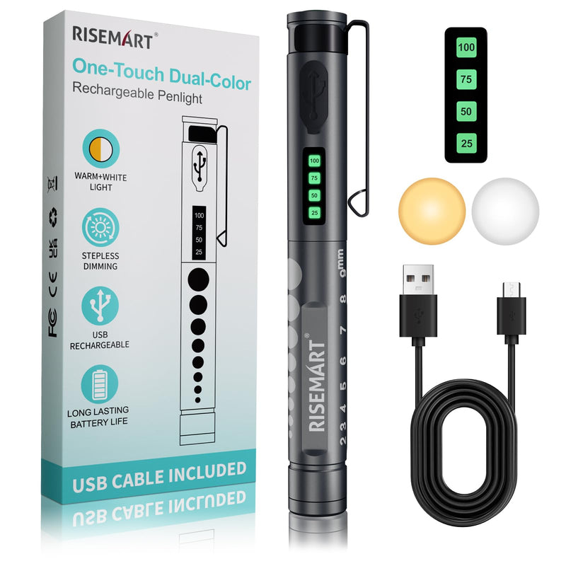 RISEMART Medical Diagnostic Light, Rechargeable LED Pupil Light with Battery Display, Warm/Cool White & Continuous Dimming, Portable Aluminum Medical Digital Penlight black