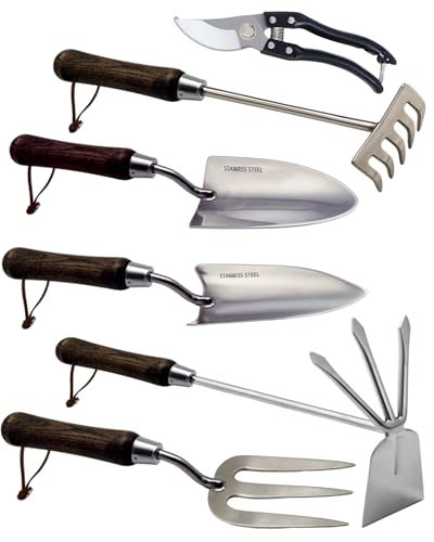Garden Tool Set, 6PCS Heavy Duty Stainless Steel Gardening Hand Tools with Ropes, Includes Hand Cultivator Shovel Trowel Transplanter 2-in-1 Hoe Pruner, Ideal Gardening Gifts for Women Men (Classic) Classic 6-Piece Heavy Duty Garden Tool Set