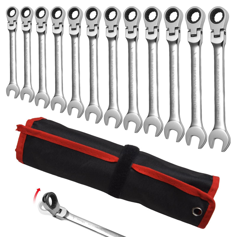 WISEUP 12Pcs Ratchet Wrench, CR-V Chrome-vanadium Steel 8-19mm Wrench, 180 ° Adjustable Combination Wrenches, Double-end Ratchet Wrench, Anti-slip Rust-proof, Labor-saving Tools 12 pcs set