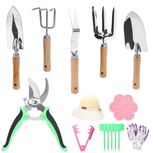Gardening Tools Set, 11-Piece Heavy Duty Garden Tools Including Garden Gloves,Anti Rust Gardening Essentials Kit for Starters,Gardening Gift for Women