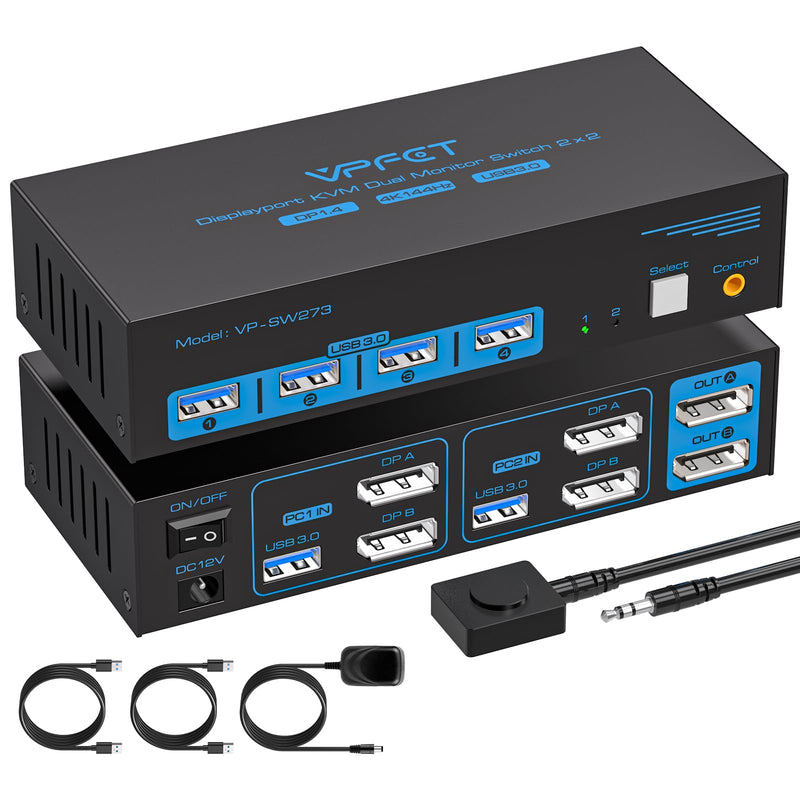 4K@144Hz Displayport KVM Switch 2 Monitors 2 Computers USB3.0 KVM Switch Dual Monitor for 2 Computers Share 2 Monitors and 4 USB Devices Support Extended/Copy Mode with Desktop Controller 2 PC 2 Monitors Deep Blue