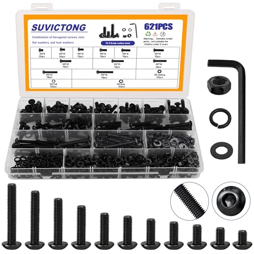 621PCS Black M5 Button Head Hex Socket Cap Screws, M5x8/10/12/14/16/18/20/25/30/35/40mm Metric Screws Bolts Nuts Washers Assortment Kit with Wrench,12.9 Grade Carbon Steel,Black Oxide Finish Black M5 Screws