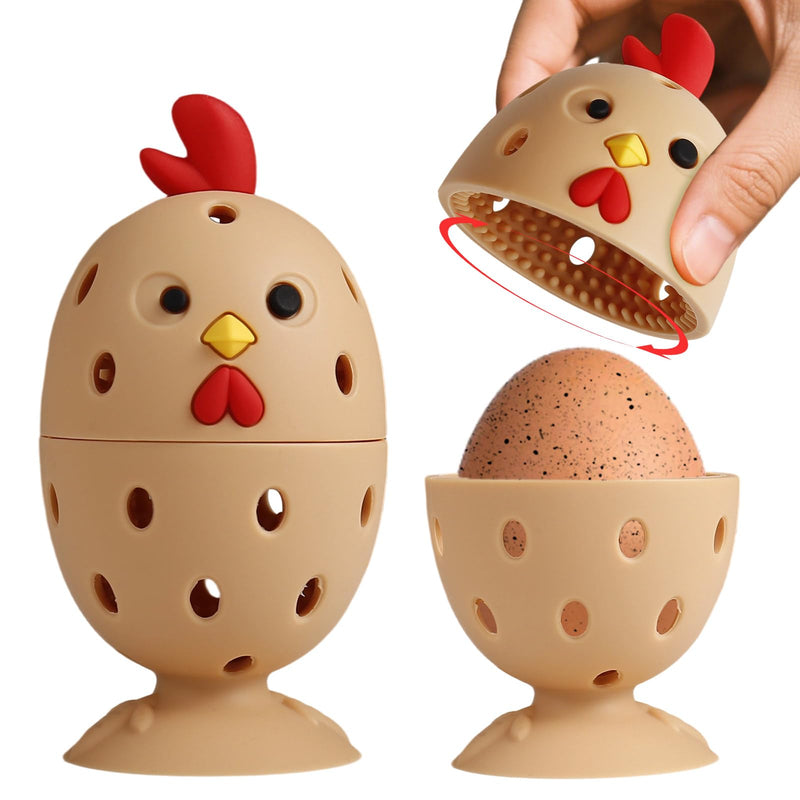 4PCS Silicone Egg Cleaner Brush Set, Egg Wash Brush Scrubber for Fresh Eggs Fruits Vegetables, Reusable Non-Scratch Multifunctional Rotating Egg Washer Tool (Brown) Brown