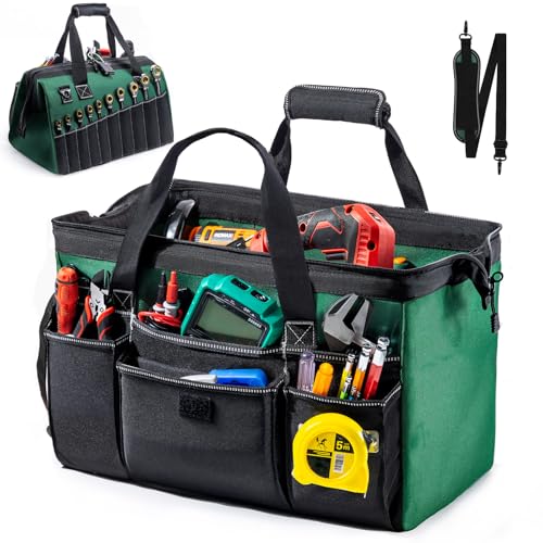 Large Heavy Duty Tool Bag for Men – 17" Toolbox Organizer with 22 Pockets & Wrench Holder – Wide Mouth Tool Tote with Anti-Slip Base – Gift for Handyman, Mechanic, Father's Day Large - 17” Green