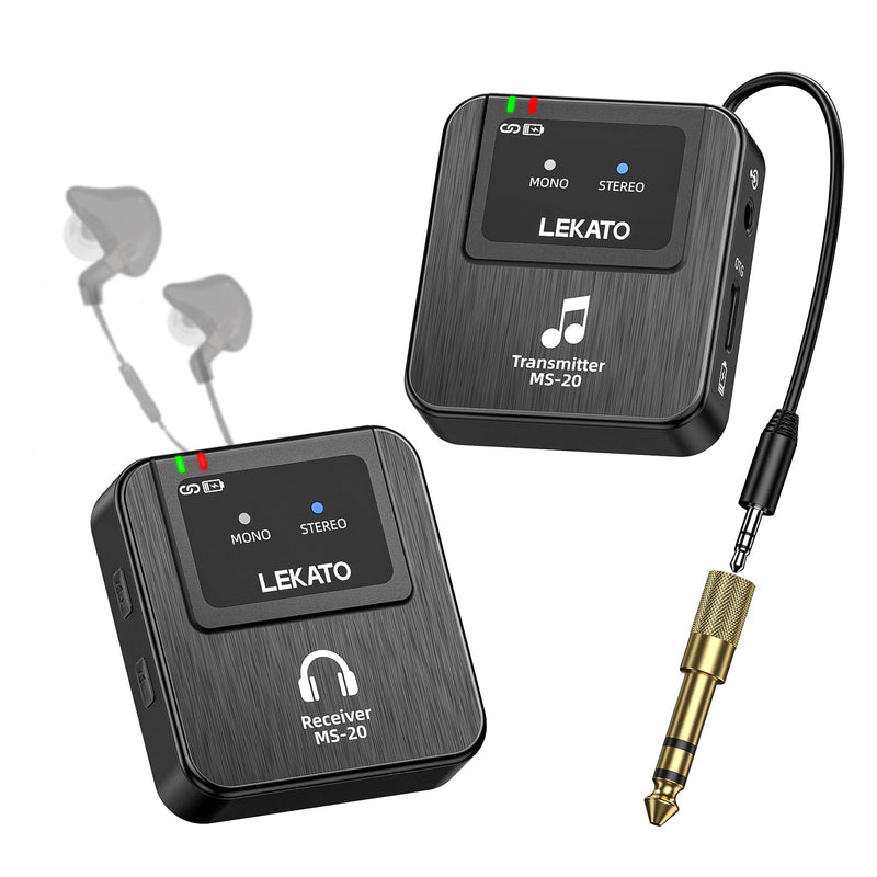 LEKATO Wireless In-Ear Monitor MS-20, 2.4G IEM System Low Latency, with Beltpack Transmitter Auto-Pairing Receiver, OTG Support, One to More, in-Ear Monitoring for Live Performance Singer Band Starter Grey