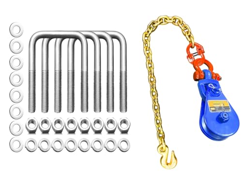 4 Pcs 304 Stainless Steel Square U-Bolts with Washers & Nuts+2 Ton Snatch Block with Chain and Swivel Shackle