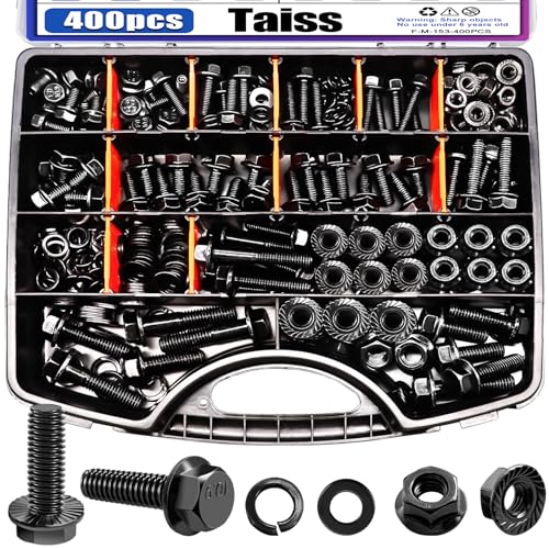 Taiss 400PCS Metric Flange Bolt Assortment kit,M6x1.0 Bolt, M8x1.25 Bolt, M10x1.5 Bolt (12mm to 45mm) 10.9 Black zinc Plating +966pcs Grade 8.8 Metric Bolt Assortment