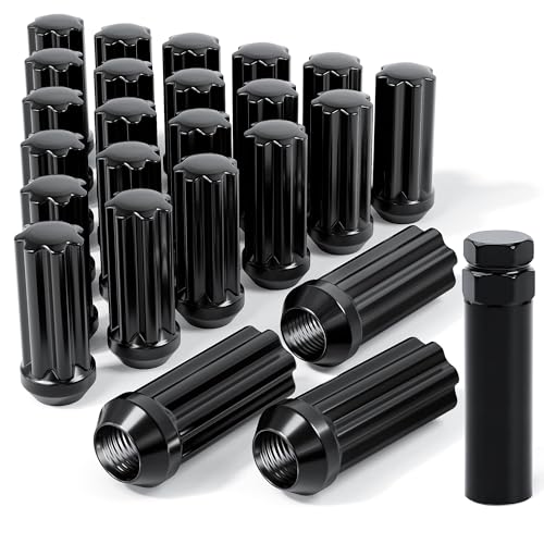 24pcs M14x1.5 Black Lug Nuts - Closed End Bulge Cone Seat Spline Wheel Locks with Socket Key - Compatible with 8-Lug Aftermarket Rims for Chevy Silverado 1500, GMC Sierra & Suburban 24+1