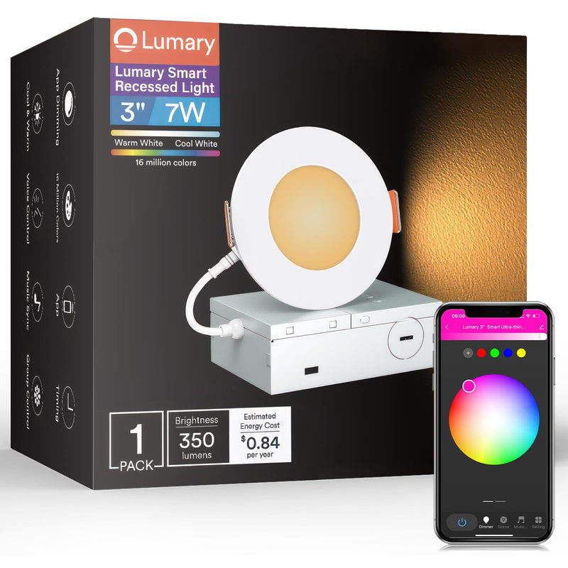 Lumary 3 Inch Smart Recessed Lighting WiFi Bluetooth Smart LED Recessed Lights 7W 350LM LED Wafer Downlight with Junction Box Compatible with Alexa/Google Assistant(1 Pack) 1Pack
