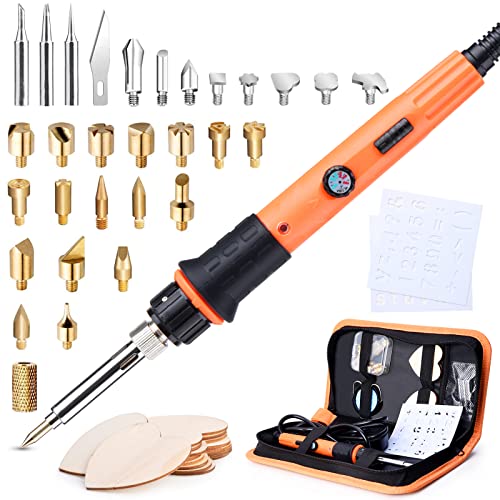 Pyrography Soldering Iron Set, Pyrography Piston Set, Temperature Adjustable 220~480 °C for Wood, Leather, Burning Iron, DIY Art Gift Set, Color Pencils, Leather Engraving Welding, Sculpture (Orange) CS52500