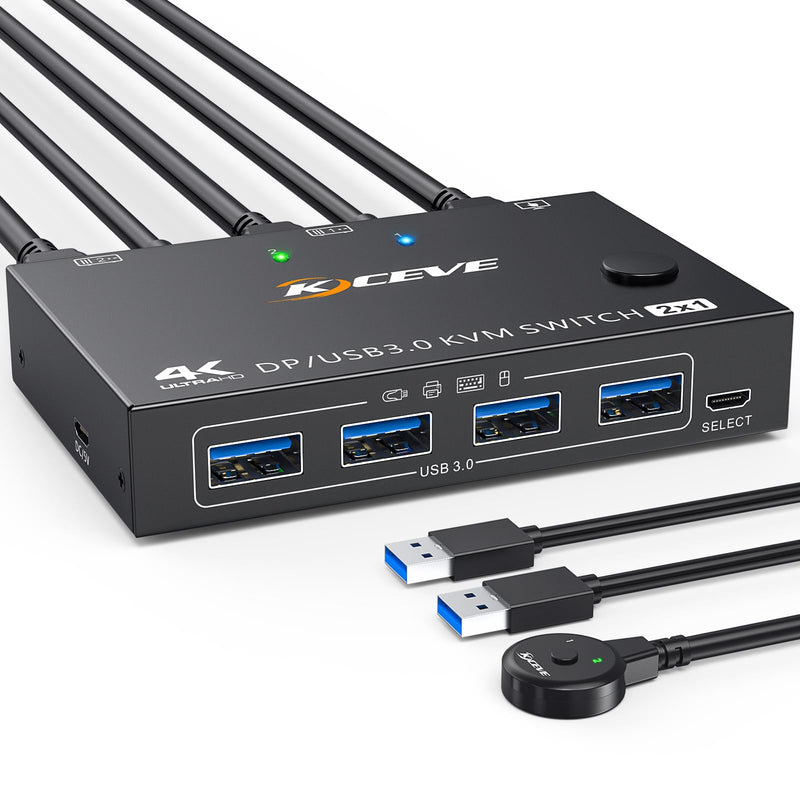 KCEVE KVM Switch 2 Computers 1 Monitor Displayport, USB 3.0 KVM Switch Displayport 4K@144Hz for 2 Computer Share 1 Monitor and 4 USB Devices, with Wired Remote 1 Monitor 2 PC 4 USB