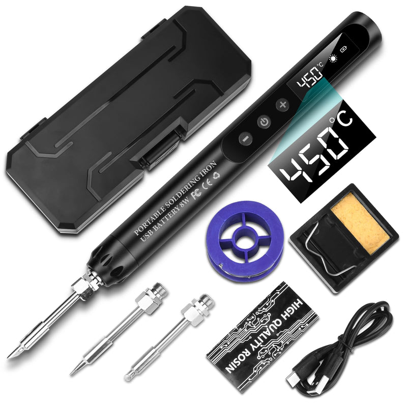 USB Soldering Iron Set with LCD, Battery Soldering Iron, Ceramic Heating Core, Adjustable Temperature 200-450°C, 3 Soldering Tips, Mini Soldering Station, Suitable for Small Repair such as Circuit Boards and Jewelery Wireless Black