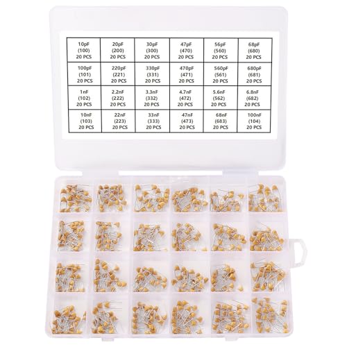 YIXISI 480 Pieces 24 Values 10pF-100nF 50V Ceramic Capacitor Assortment Kit, Multilayer Monolithic Ceramic Chip Capacitor, Ceramic Capacitor 10pF-100nF - 24 values - 480 pieces