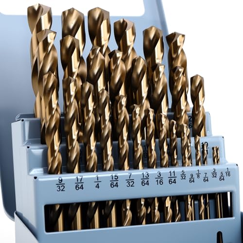 29pcs Cobalt Drill Bit Set, M35 High Speed Steel Twist Jobber Length Kit with Metal Index Storage Case, Drill Bits for Metal, Stainless Steel, Cast Iron, Plastic and Wood 1/16"-1/2"(29pcs)