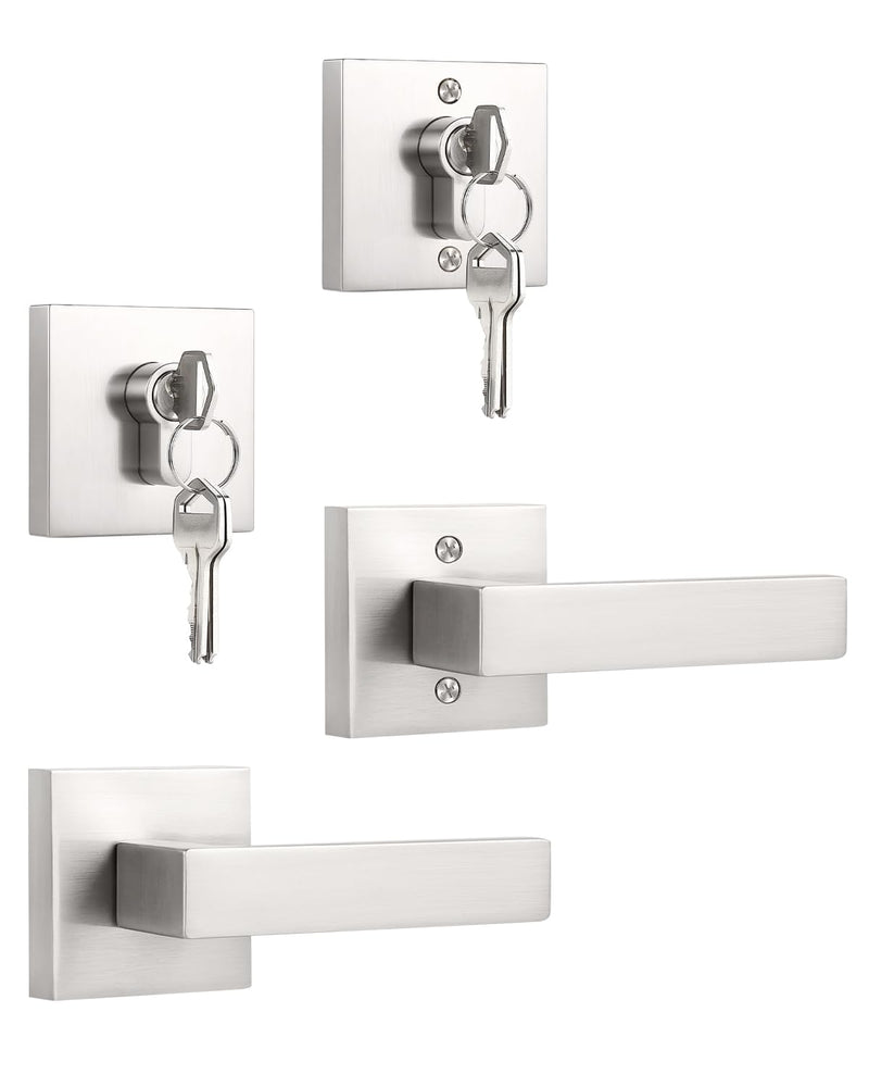 KNOBWELL 1 Pack Passage Door Handle with Deadbolt, Brushed Nickel Double Cylinder Deadbolt Lock Square Front Door Lock Double Cylinder Deadbolt with Passage Lever