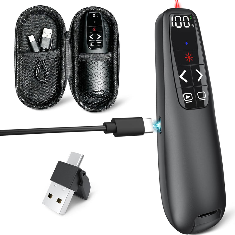 Rechargeable Presentation Clicker with Case, Power Digital Display Wireless Presenter Remote, USB C Red Light Pointer Computer PowerPoint PPT Clickers for Mac Laptop, Slideshow Google Slide Advancer Red Light & Power Display