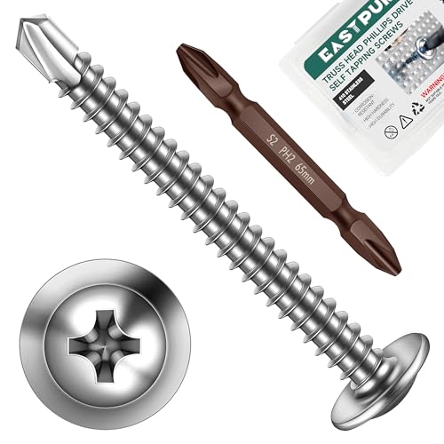 #10 x 2 Self Tapping Screws for Metal, Truss Head Phillips Drive 410 Stainless Steel Self Drilling Sheet Metal Screws with Drill Bit, Fast Tapping (Box of 300) #10 x 2" Silver
