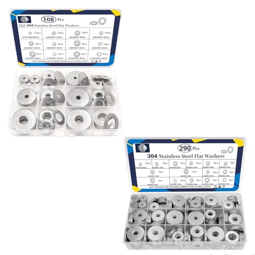 ZQZ 290Pcs Flat Washers, 304 Stainless Steel Fender Washers Assortment & ZQZ 108Pcs Flat Washers, 304 Stainless Steel Fender Washers Assortment