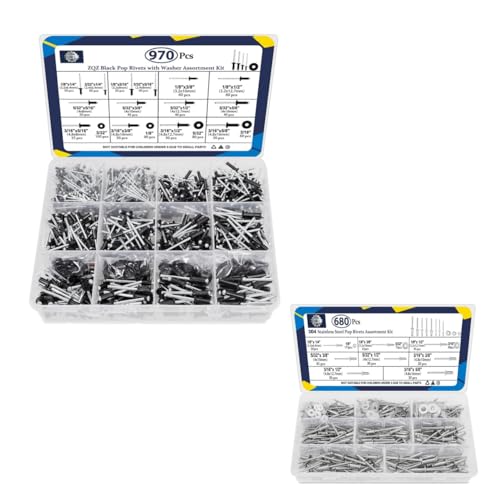 ZQZ 680Pcs Stainless Steel Pop Rivets Assortment Kit + ZQZ 970Pcs Black Pop Rivets with Washer Assortment Kit