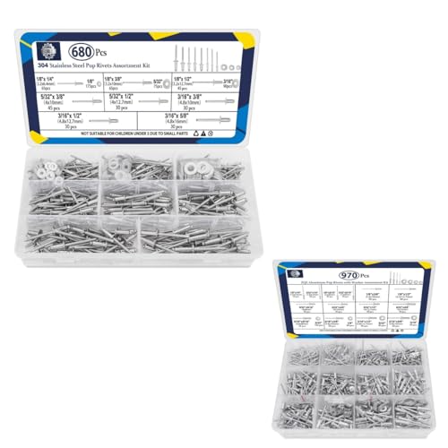 ZQZ 970Pcs Aluminum Pop Rivets with Washer Assortment Kit + ZQZ 680Pcs Stainless Steel Pop Rivets Assortment Kit