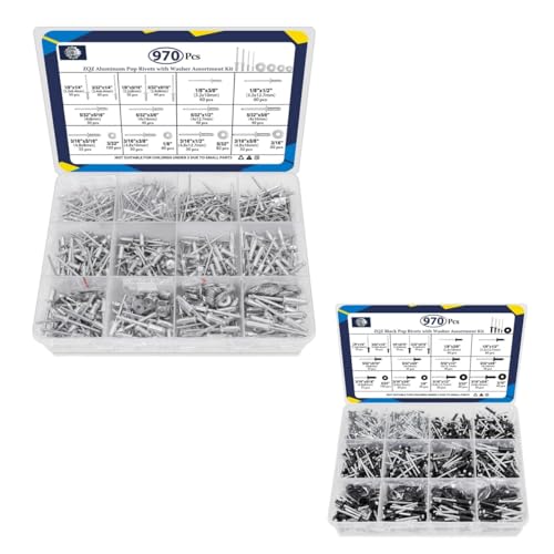 ZQZ 970Pcs Black Pop Rivets with Washer Assortment Kit + ZQZ 970Pcs Aluminum Pop Rivets with Washer Assortment Kit