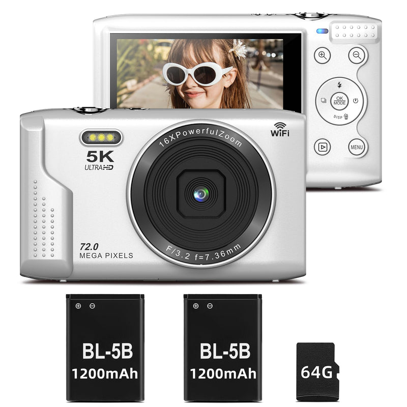 T TAKMLY Digital Camera 5K, Autofocus 16x Zoom 72MP Point and Shoot Cameras Compact Portable with Flash for Boys Girls Teens Students, Anti Shake 2.8'' Screen, 64GB Card Include, White