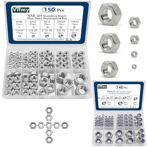 150pcs SAE Hex Nuts Assortment Kit & Vifmy Spring Lock Washers Assortment Kit(1000 Pack)