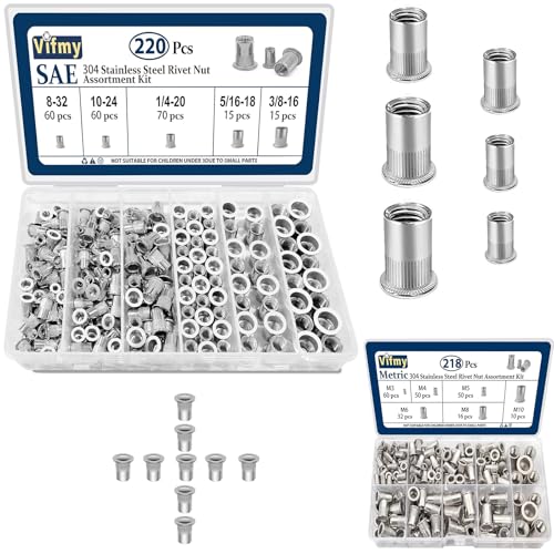 SAE Rivet Nut Assortment Kit(220 Pcs) & Vifmy Metric 304 Stainless Steel Rivet Nut Assortment Kit(218 Pcs)