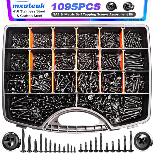 mxuteuk 390PCS #8,#10,#12 Self Tapping Screws+1095PCS Self Tapping Screws Assortment Kits, #8#10 410 Stainless Steel Truss Head Self Drilling Screws and M2 M3 M4 Carbon Steel Phillips Pan Head