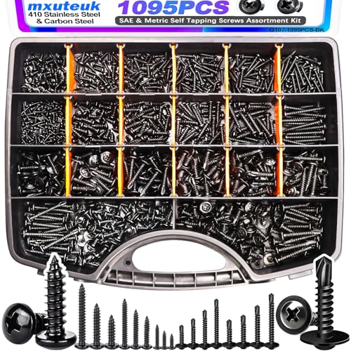 mxuteuk #8×3/4" Self Tapping Screws+1095PCS Self Tapping Screws Assortment Kits, #8#10 410 Stainless Steel Truss Head Self Drilling Screws and M2 M3 M4 Carbon Steel Phillips Pan Head Self Tapping